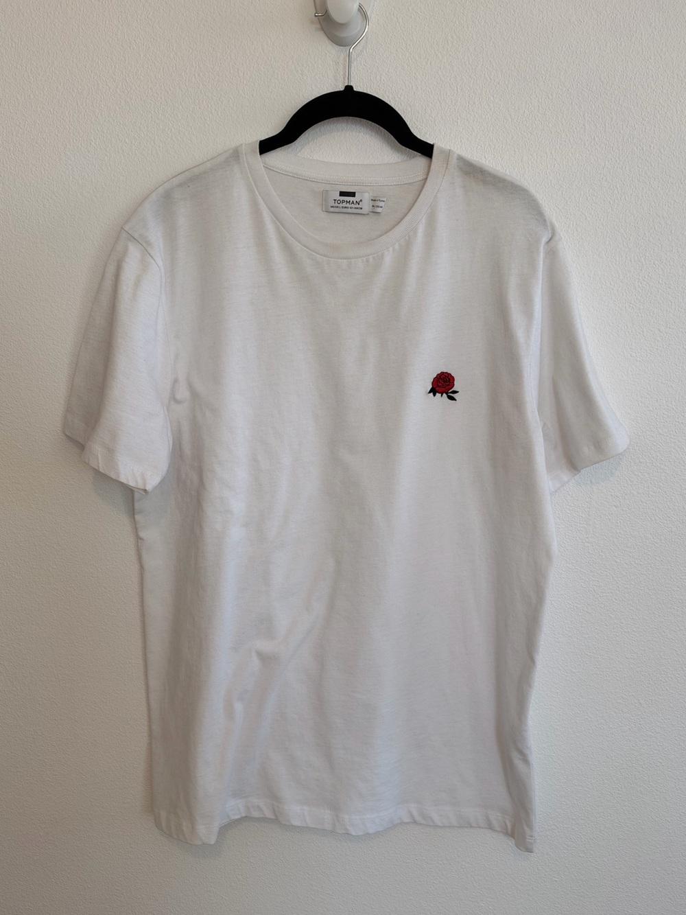Topman Embroidered Rose Cotton Tee in White Large